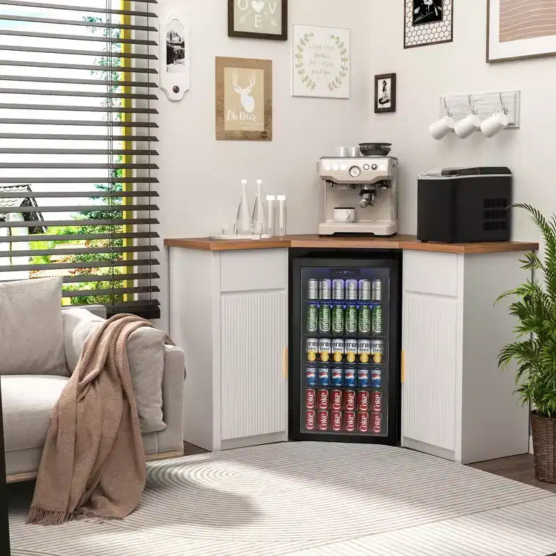 Mobile Bar Angolare a L Bianco con Spazio per Frigo, 2 Posti, Ante Scanalate