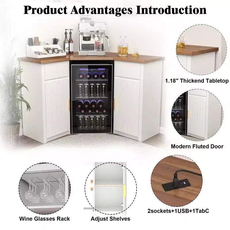 Mobile Bar Angolare a L Bianco con Spazio per Frigo, 2 Posti, Ante Scanalate