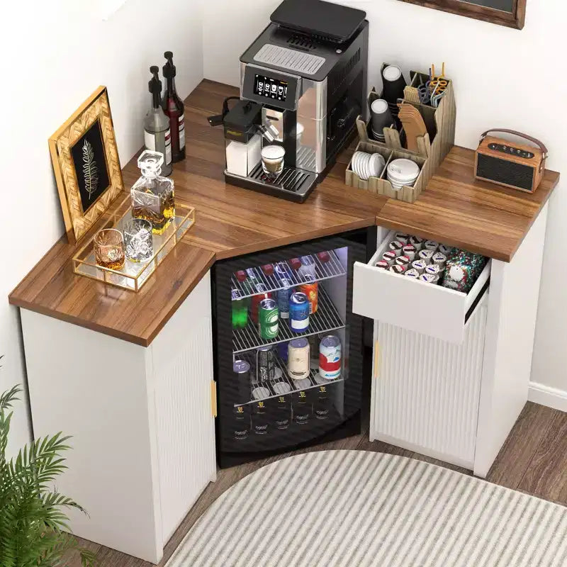 Mobile Bar Angolare a L Bianco con Spazio per Frigo, 2 Posti, Ante Scanalate