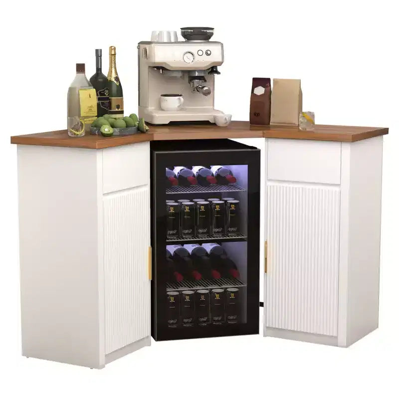 Mobile Bar Angolare a L Bianco con Spazio per Frigo, 2 Posti, Ante Scanalate