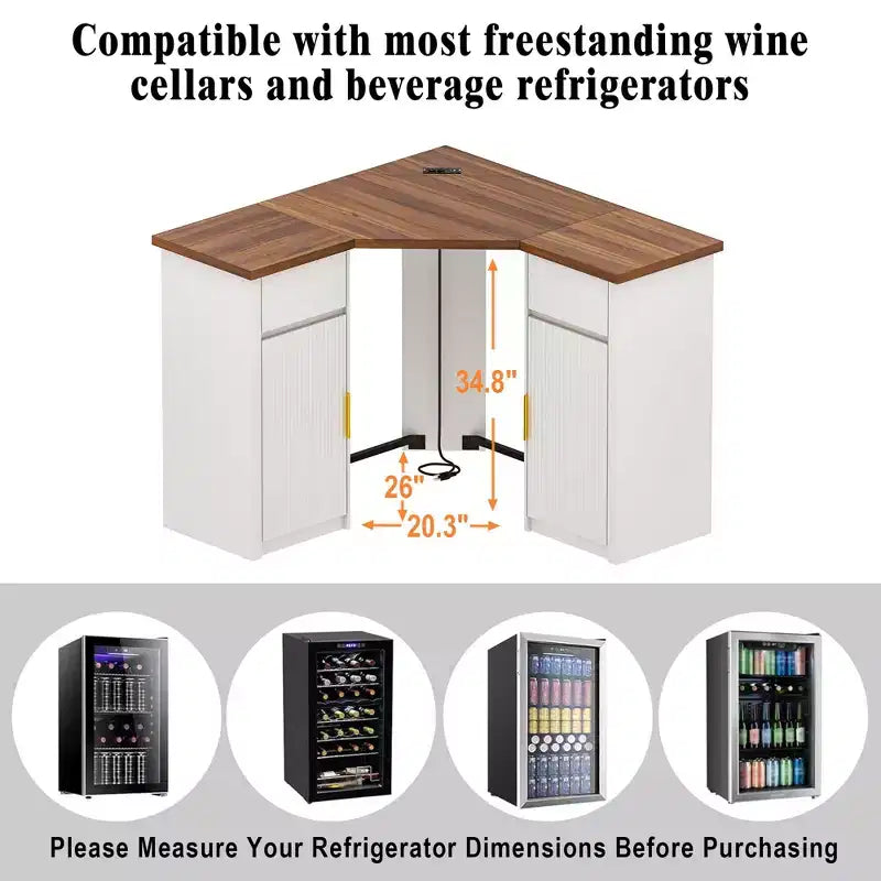Mobile Bar Angolare a L Bianco con Spazio per Frigo, 2 Posti, Ante Scanalate