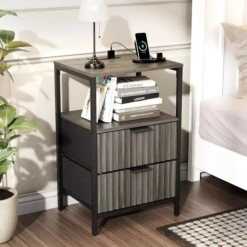 Karl Home 15 Inches Wide Nightstand - 2 Drawers, 1 Shelf, US Power Outlet - set of 2