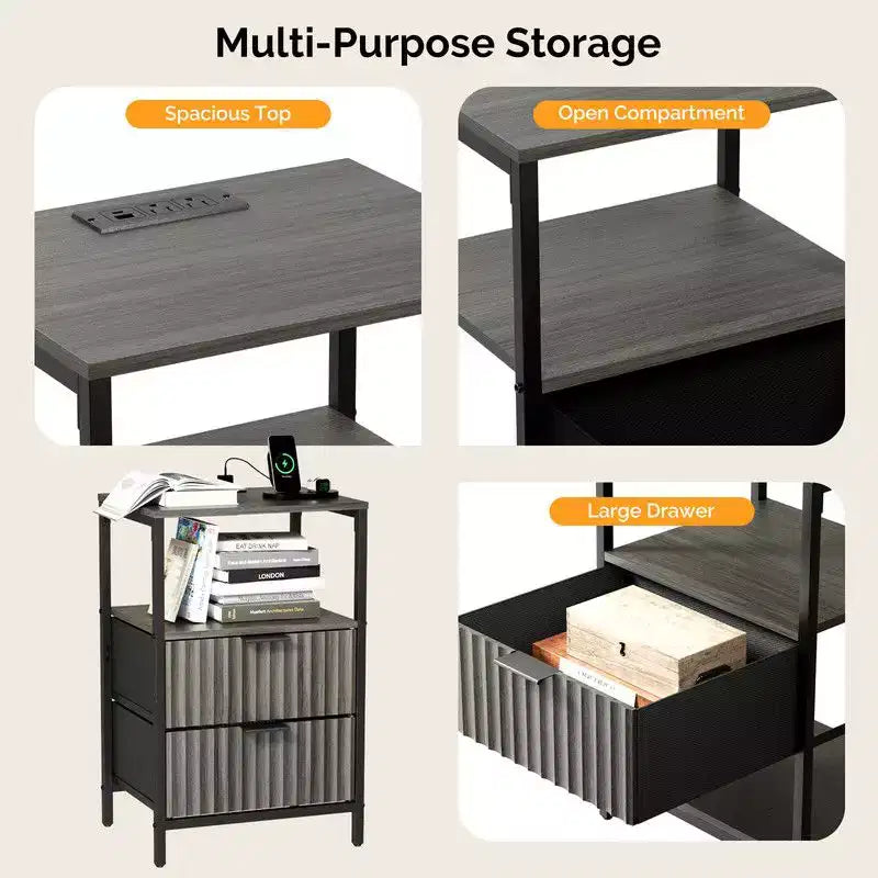 Comodini Rettangolari Grigi con 2 Cassetti e Ripiano, Set da 2