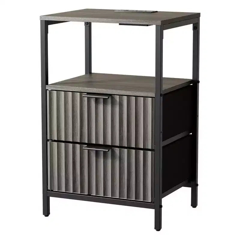 Comodini Rettangolari Grigi con 2 Cassetti e Ripiano, Set da 2