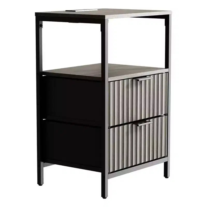Comodini Rettangolari Grigi con 2 Cassetti e Ripiano, Set da 2