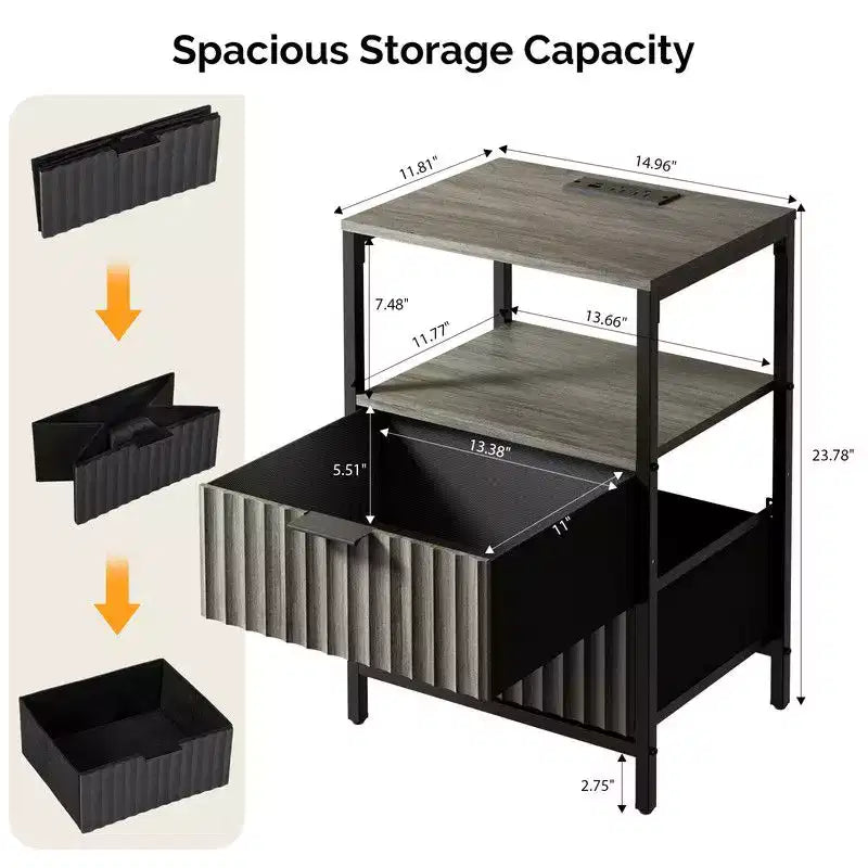 Comodini Rettangolari Grigi con 2 Cassetti e Ripiano, Set da 2