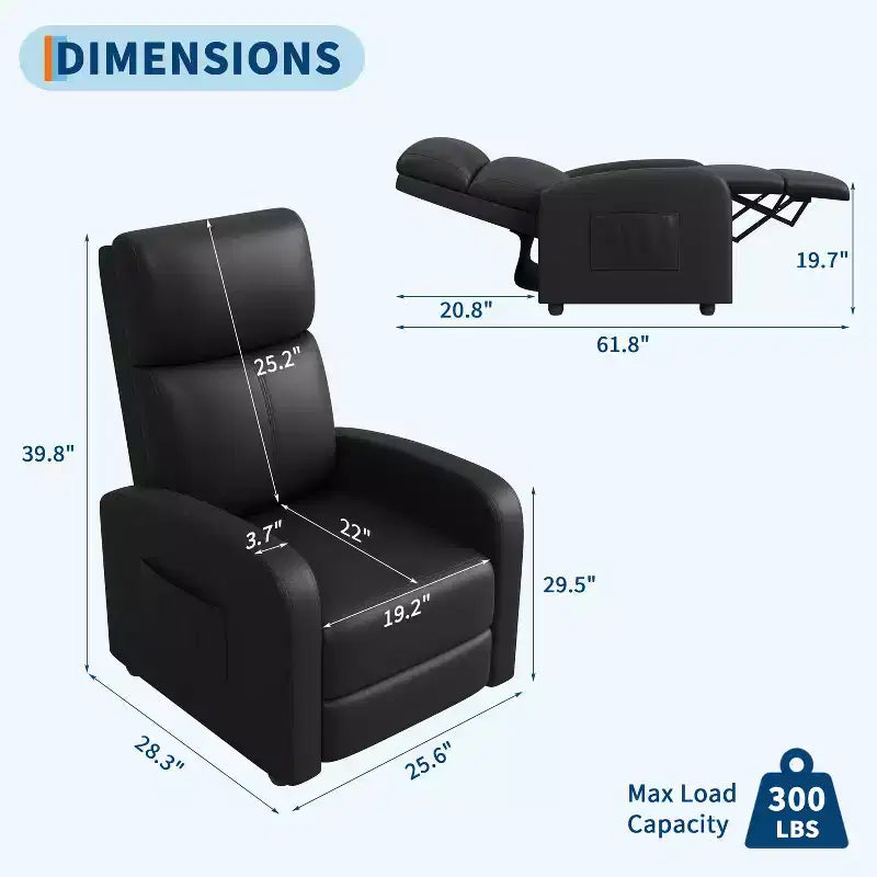Poltrona reclinabile push-back Nera/Grigia, similpelle, schienale alto, tasca laterale - 1 persona