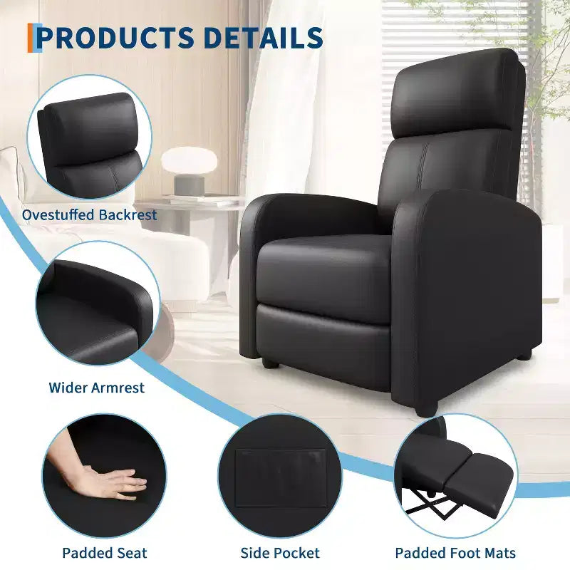 Poltrona reclinabile push-back Nera/Grigia, similpelle, schienale alto, tasca laterale - 1 persona