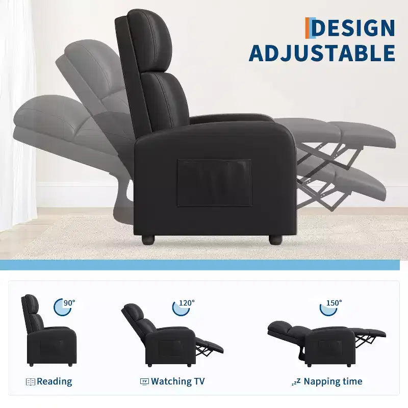 Poltrona reclinabile push-back Nera/Grigia, similpelle, schienale alto, tasca laterale - 1 persona