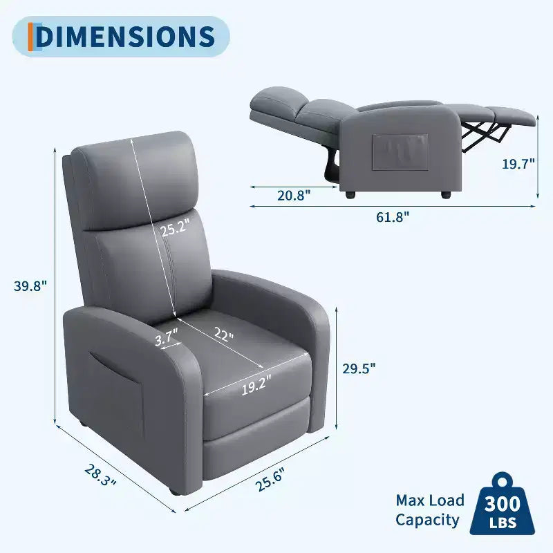 Poltrona reclinabile push-back Nera/Grigia, similpelle, schienale alto, tasca laterale - 1 persona