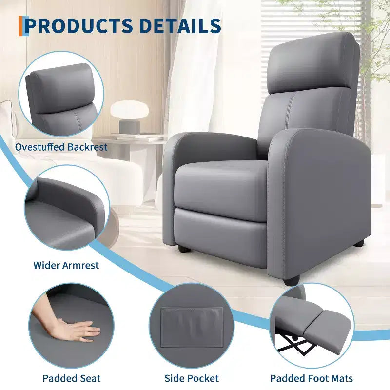 Poltrona reclinabile push-back Nera/Grigia, similpelle, schienale alto, tasca laterale - 1 persona