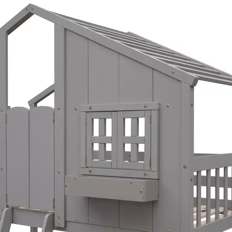 Letto a soppalco a forma di casetta grigio/bianco/bianco e rosa con scala e ringhiere – Singolo, 1 bambino