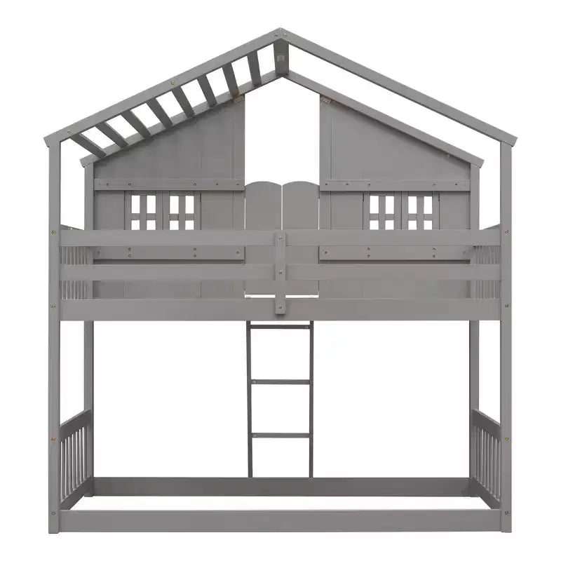 Letto a soppalco a forma di casetta grigio/bianco/bianco e rosa con scala e ringhiere – Singolo, 1 bambino