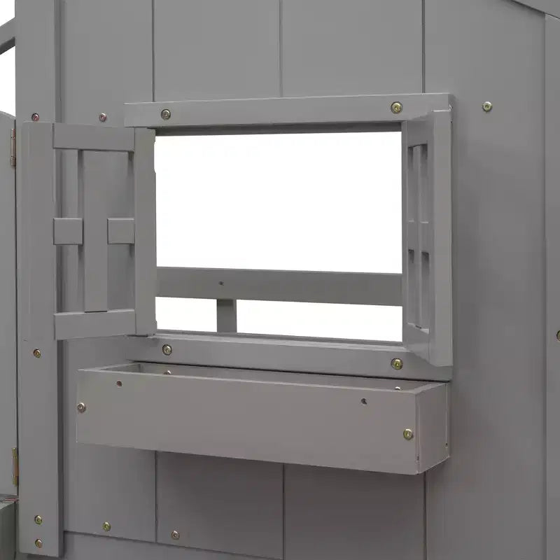 Letto a soppalco a forma di casetta grigio/bianco/bianco e rosa con scala e ringhiere – Singolo, 1 bambino