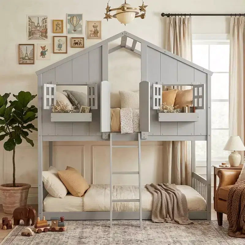 Letto a soppalco a forma di casetta grigio/bianco/bianco e rosa con scala e ringhiere – Singolo, 1 bambino