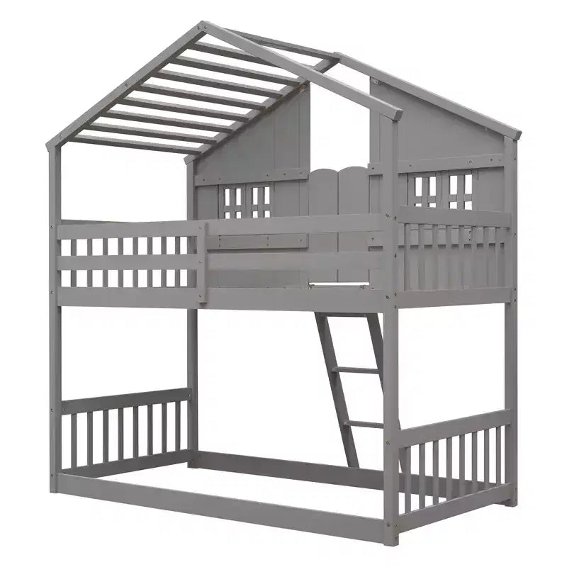 Letto a soppalco a forma di casetta grigio/bianco/bianco e rosa con scala e ringhiere – Singolo, 1 bambino