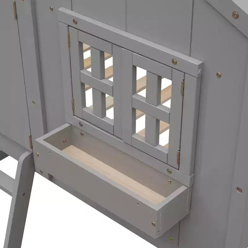 Letto a soppalco a forma di casetta grigio/bianco/bianco e rosa con scala e ringhiere – Singolo, 1 bambino
