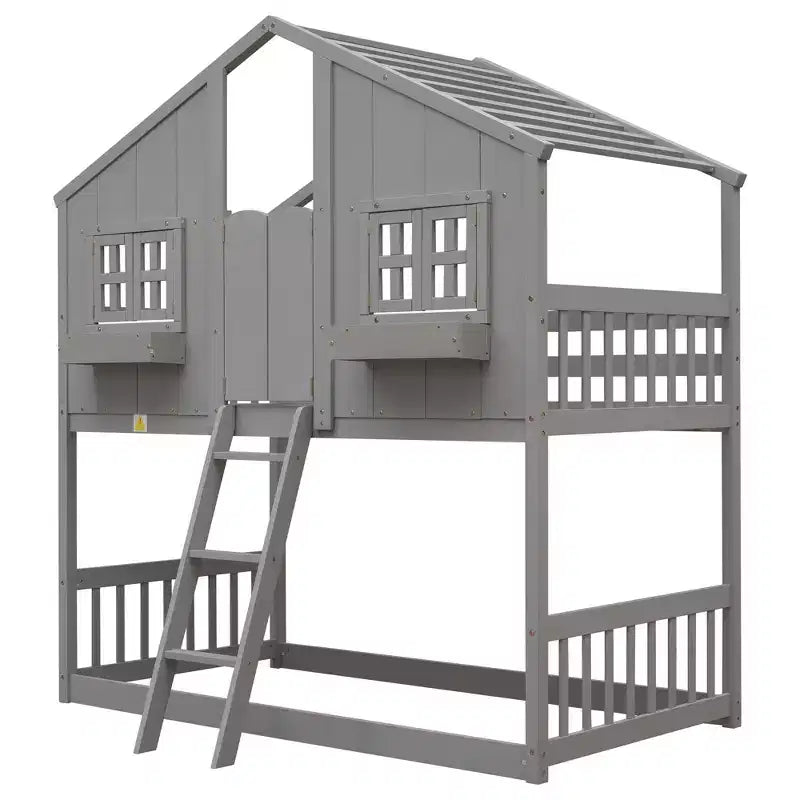 Letto a soppalco a forma di casetta grigio/bianco/bianco e rosa con scala e ringhiere – Singolo, 1 bambino