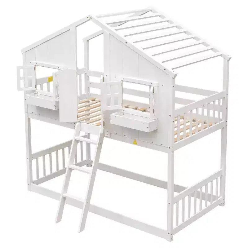 Letto a soppalco a forma di casetta grigio/bianco/bianco e rosa con scala e ringhiere – Singolo, 1 bambino
