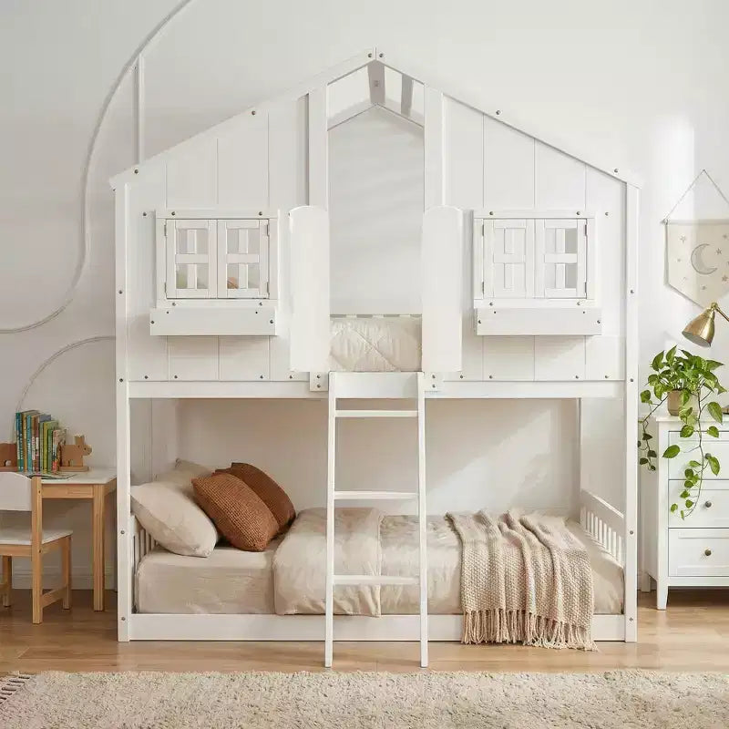 Letto a soppalco a forma di casetta grigio/bianco/bianco e rosa con scala e ringhiere – Singolo, 1 bambino
