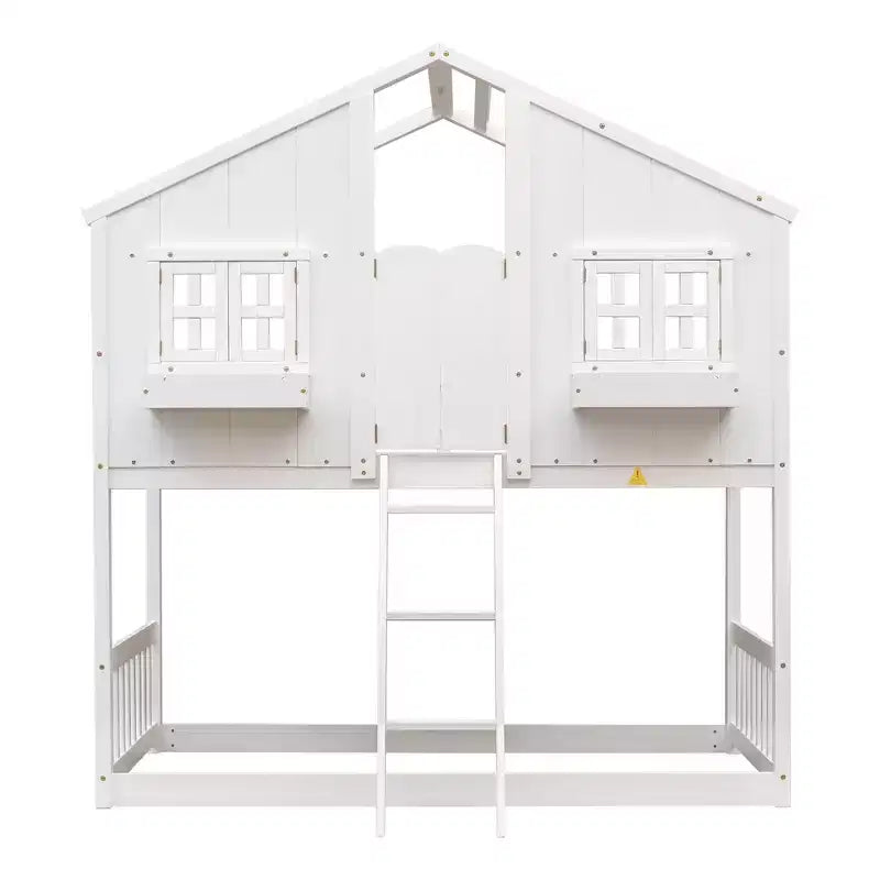 Letto a soppalco a forma di casetta grigio/bianco/bianco e rosa con scala e ringhiere – Singolo, 1 bambino