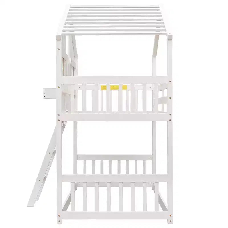 Letto a soppalco a forma di casetta grigio/bianco/bianco e rosa con scala e ringhiere – Singolo, 1 bambino