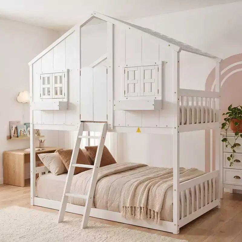 Letto a soppalco a forma di casetta grigio/bianco/bianco e rosa con scala e ringhiere – Singolo, 1 bambino