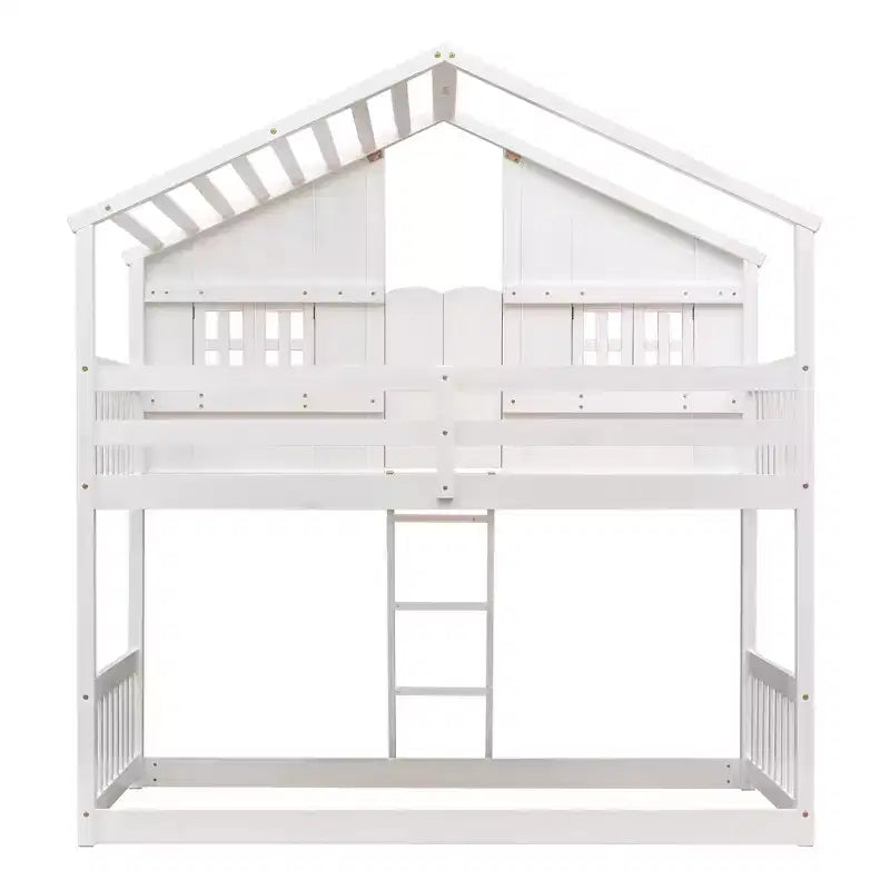 Letto a soppalco a forma di casetta grigio/bianco/bianco e rosa con scala e ringhiere – Singolo, 1 bambino