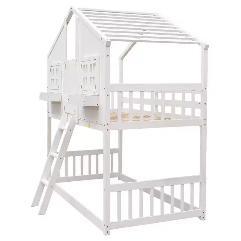 Letto a soppalco a forma di casetta grigio/bianco/bianco e rosa con scala e ringhiere – Singolo, 1 bambino