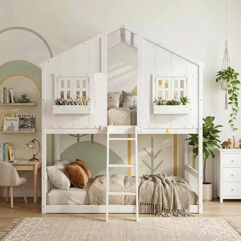 Letto a soppalco a forma di casetta grigio/bianco/bianco e rosa con scala e ringhiere – Singolo, 1 bambino