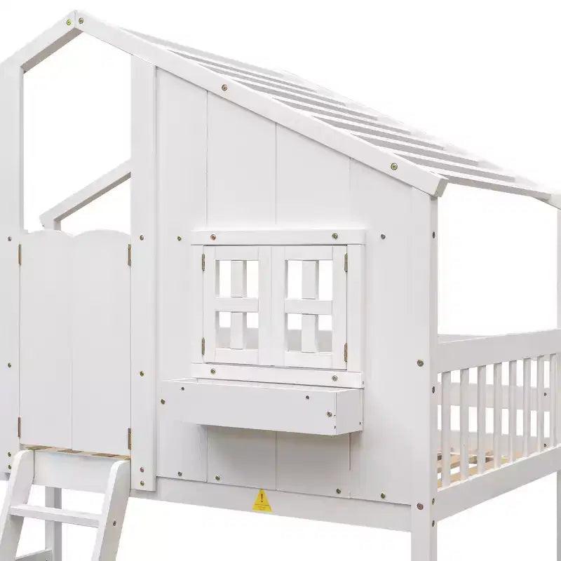 Letto a soppalco a forma di casetta grigio/bianco/bianco e rosa con scala e ringhiere – Singolo, 1 bambino