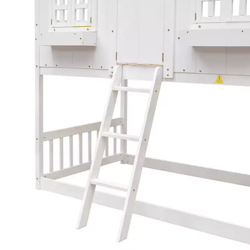 Letto a soppalco a forma di casetta grigio/bianco/bianco e rosa con scala e ringhiere – Singolo, 1 bambino