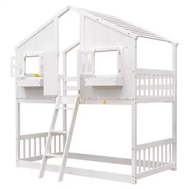 Letto a soppalco a forma di casetta grigio/bianco/bianco e rosa con scala e ringhiere – Singolo, 1 bambino