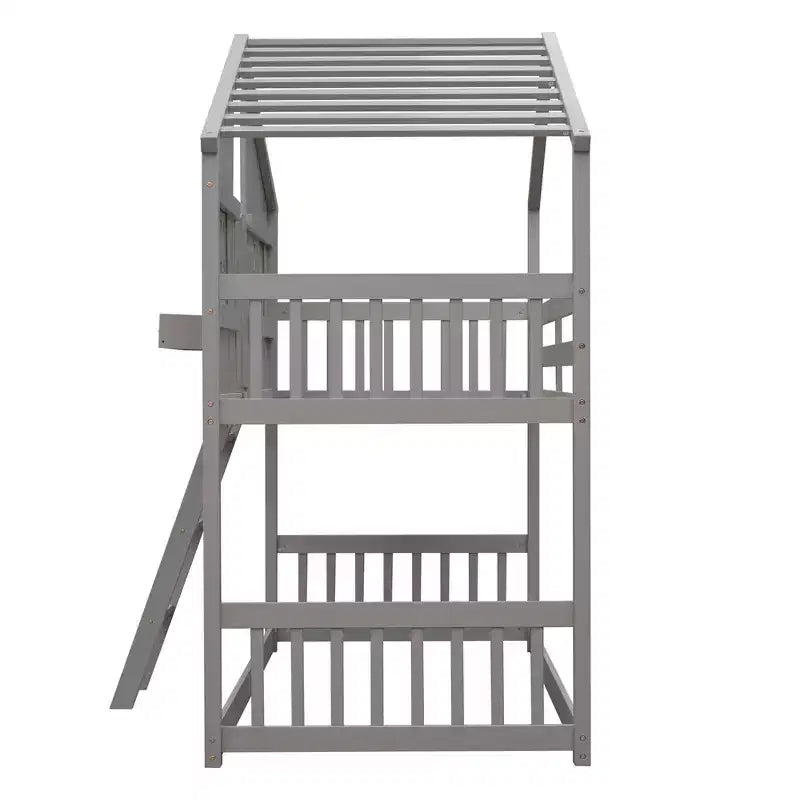 Letto a soppalco a forma di casetta grigio/bianco/bianco e rosa con scala e ringhiere – Singolo, 1 bambino
