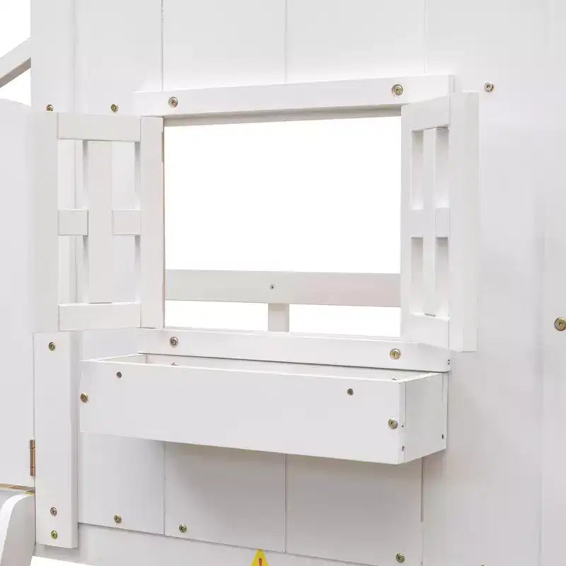 Letto a soppalco a forma di casetta grigio/bianco/bianco e rosa con scala e ringhiere – Singolo, 1 bambino