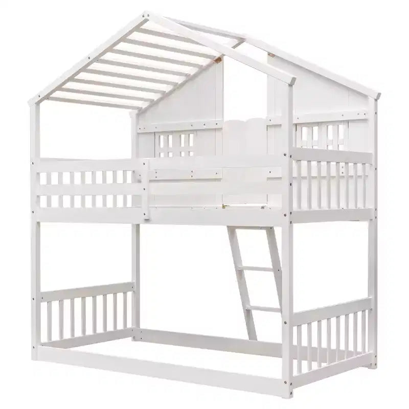 Letto a soppalco a forma di casetta grigio/bianco/bianco e rosa con scala e ringhiere – Singolo, 1 bambino