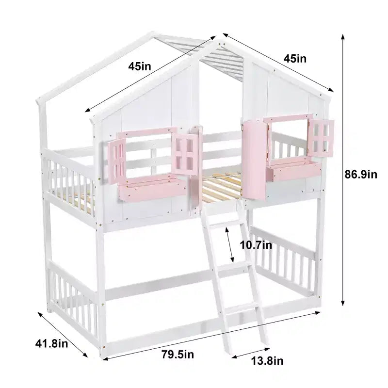 Letto a soppalco a forma di casetta grigio/bianco/bianco e rosa con scala e ringhiere – Singolo, 1 bambino