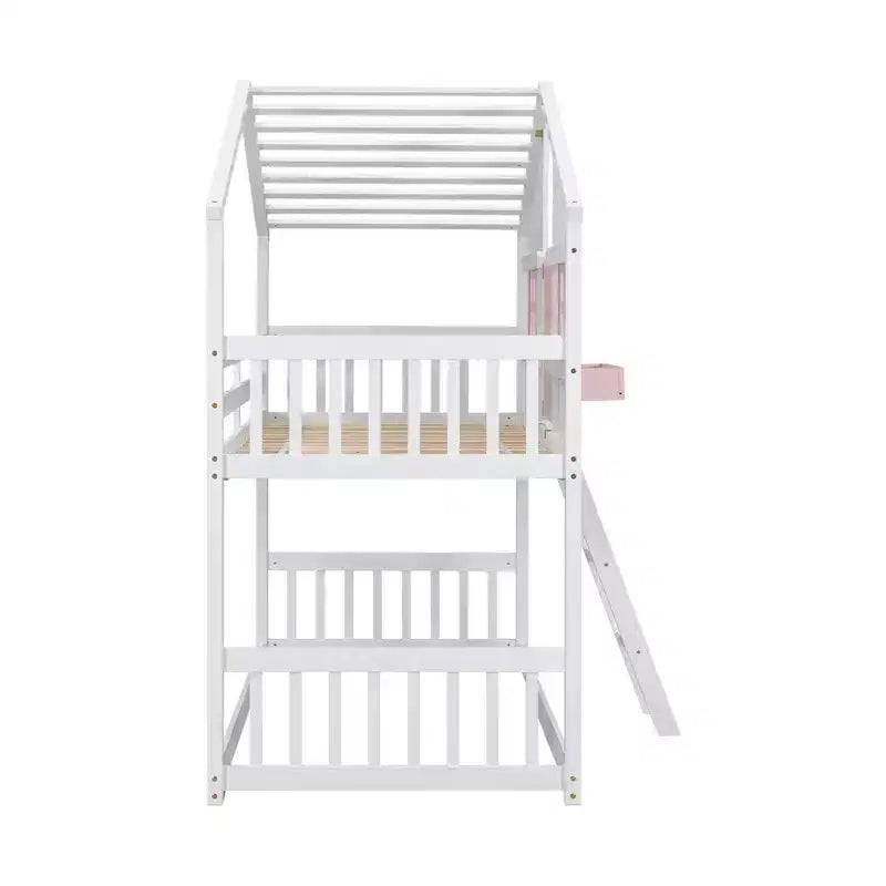 Letto a soppalco a forma di casetta grigio/bianco/bianco e rosa con scala e ringhiere – Singolo, 1 bambino