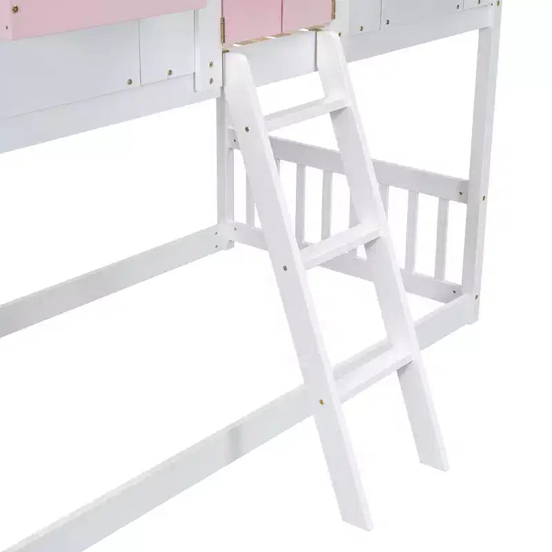 Letto a soppalco a forma di casetta grigio/bianco/bianco e rosa con scala e ringhiere – Singolo, 1 bambino