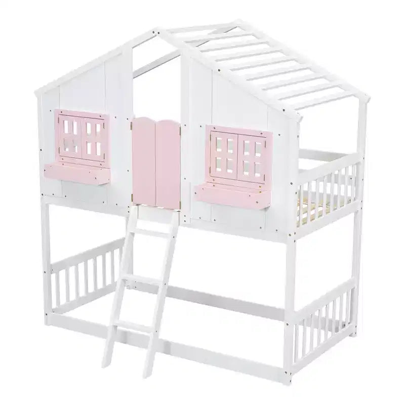Letto a soppalco a forma di casetta grigio/bianco/bianco e rosa con scala e ringhiere – Singolo, 1 bambino