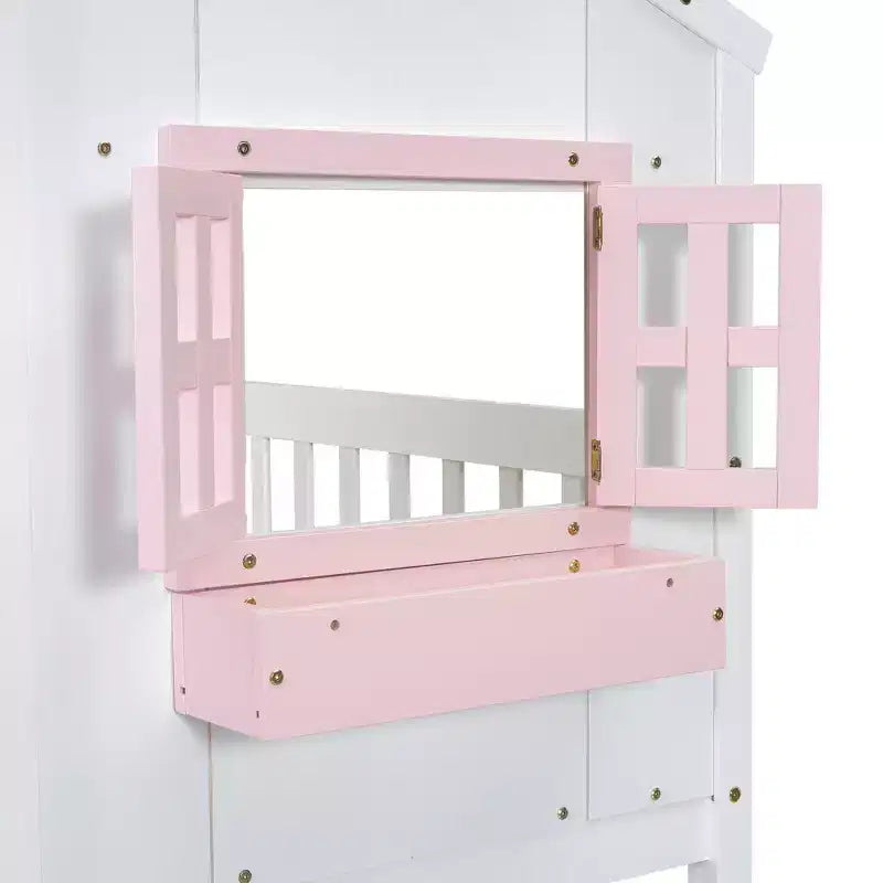 Letto a soppalco a forma di casetta grigio/bianco/bianco e rosa con scala e ringhiere – Singolo, 1 bambino