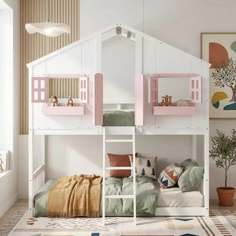 Letto a soppalco a forma di casetta grigio/bianco/bianco e rosa con scala e ringhiere – Singolo, 1 bambino
