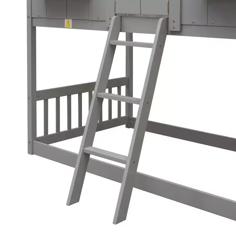 Letto a soppalco a forma di casetta grigio/bianco/bianco e rosa con scala e ringhiere – Singolo, 1 bambino