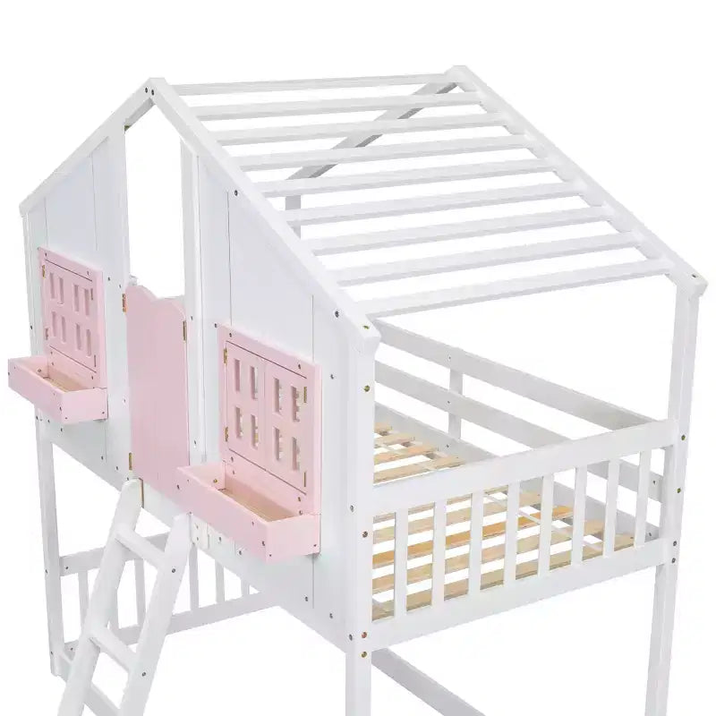 Letto a soppalco a forma di casetta grigio/bianco/bianco e rosa con scala e ringhiere – Singolo, 1 bambino