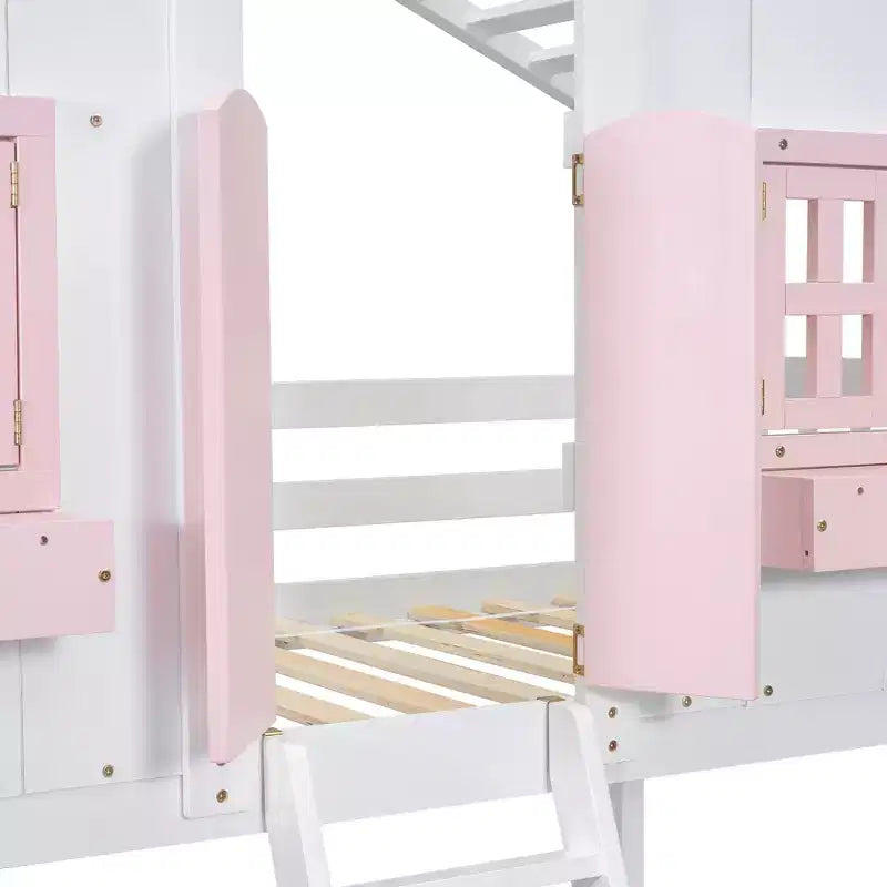 Letto a soppalco a forma di casetta grigio/bianco/bianco e rosa con scala e ringhiere – Singolo, 1 bambino
