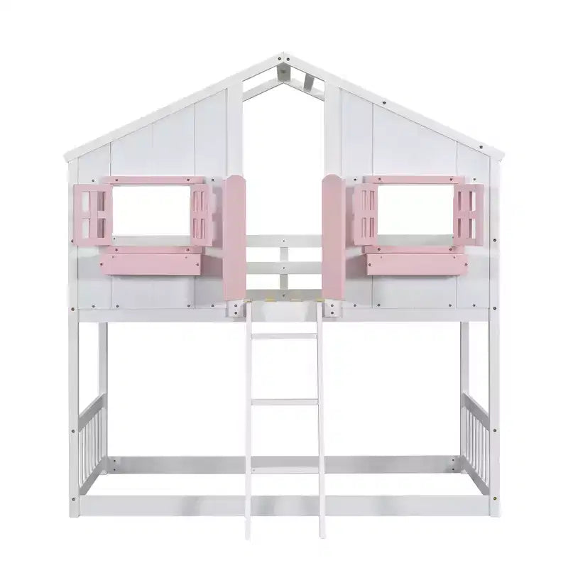 Letto a soppalco a forma di casetta grigio/bianco/bianco e rosa con scala e ringhiere – Singolo, 1 bambino