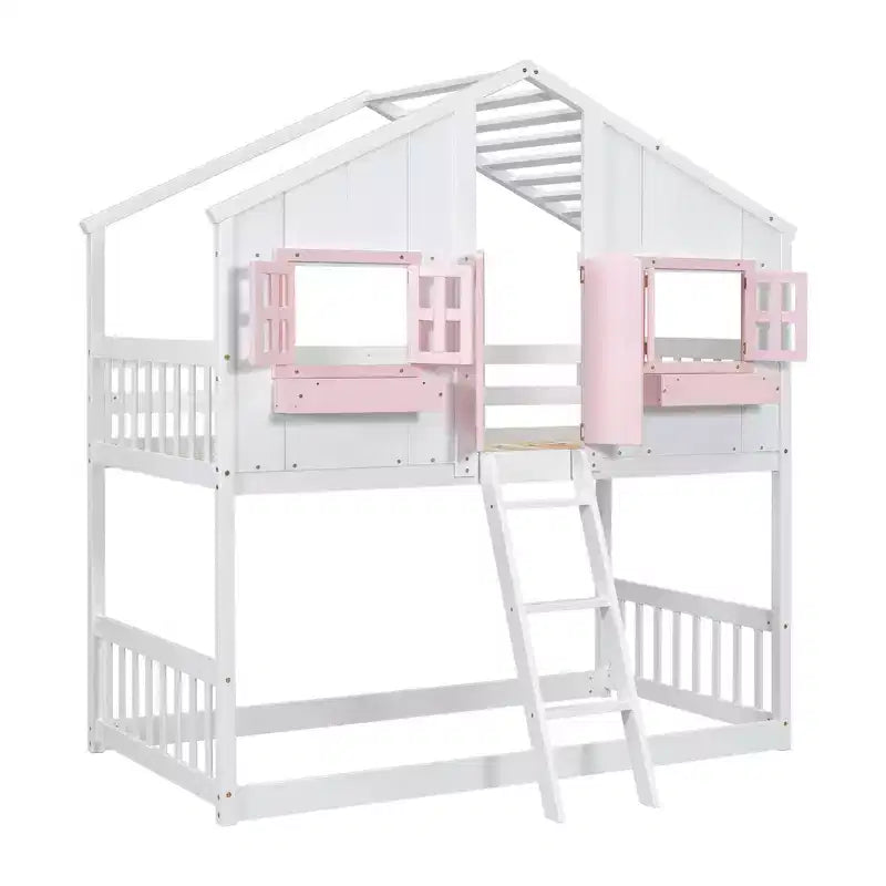 Letto a soppalco a forma di casetta grigio/bianco/bianco e rosa con scala e ringhiere – Singolo, 1 bambino