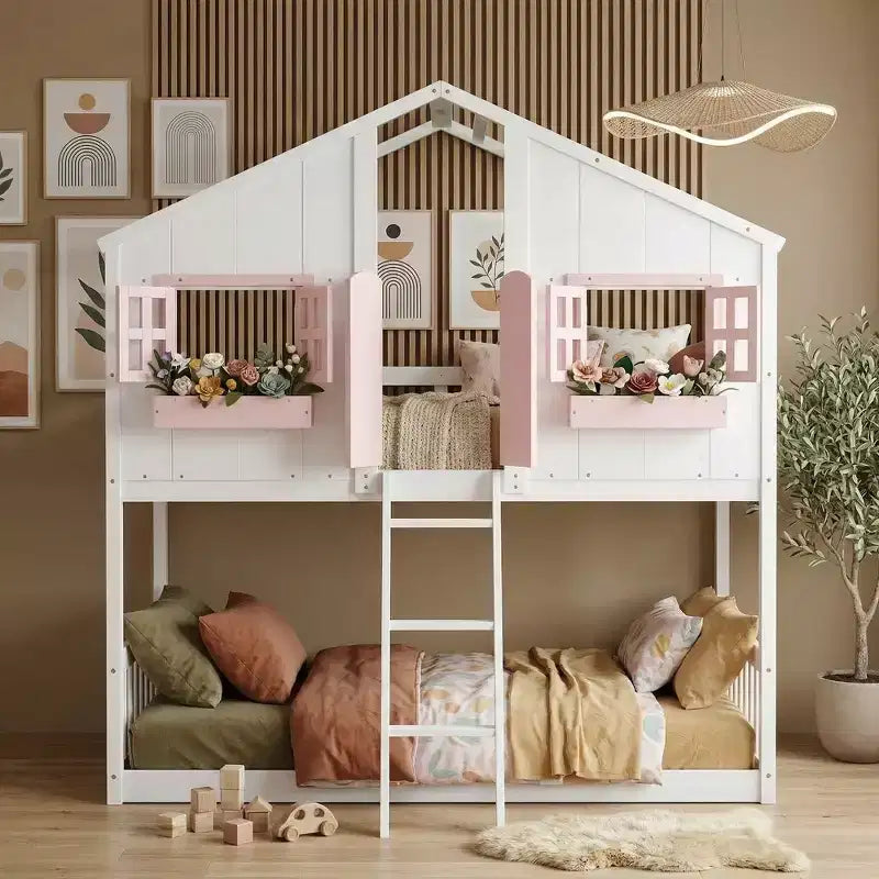 Letto a soppalco a forma di casetta grigio/bianco/bianco e rosa con scala e ringhiere – Singolo, 1 bambino