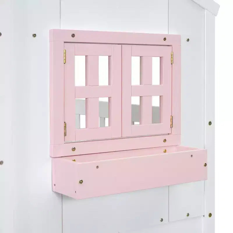 Letto a soppalco a forma di casetta grigio/bianco/bianco e rosa con scala e ringhiere – Singolo, 1 bambino