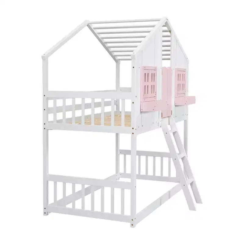 Letto a soppalco a forma di casetta grigio/bianco/bianco e rosa con scala e ringhiere – Singolo, 1 bambino